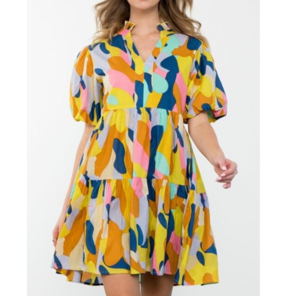 THML Abstract Yellow Mini Tiered Dress